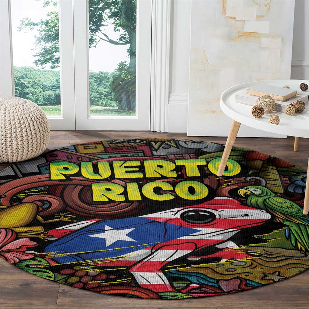 Puerto Rico Round Carpet The Coqui Frog Tropical Doodle Style - Wonder Print Shop