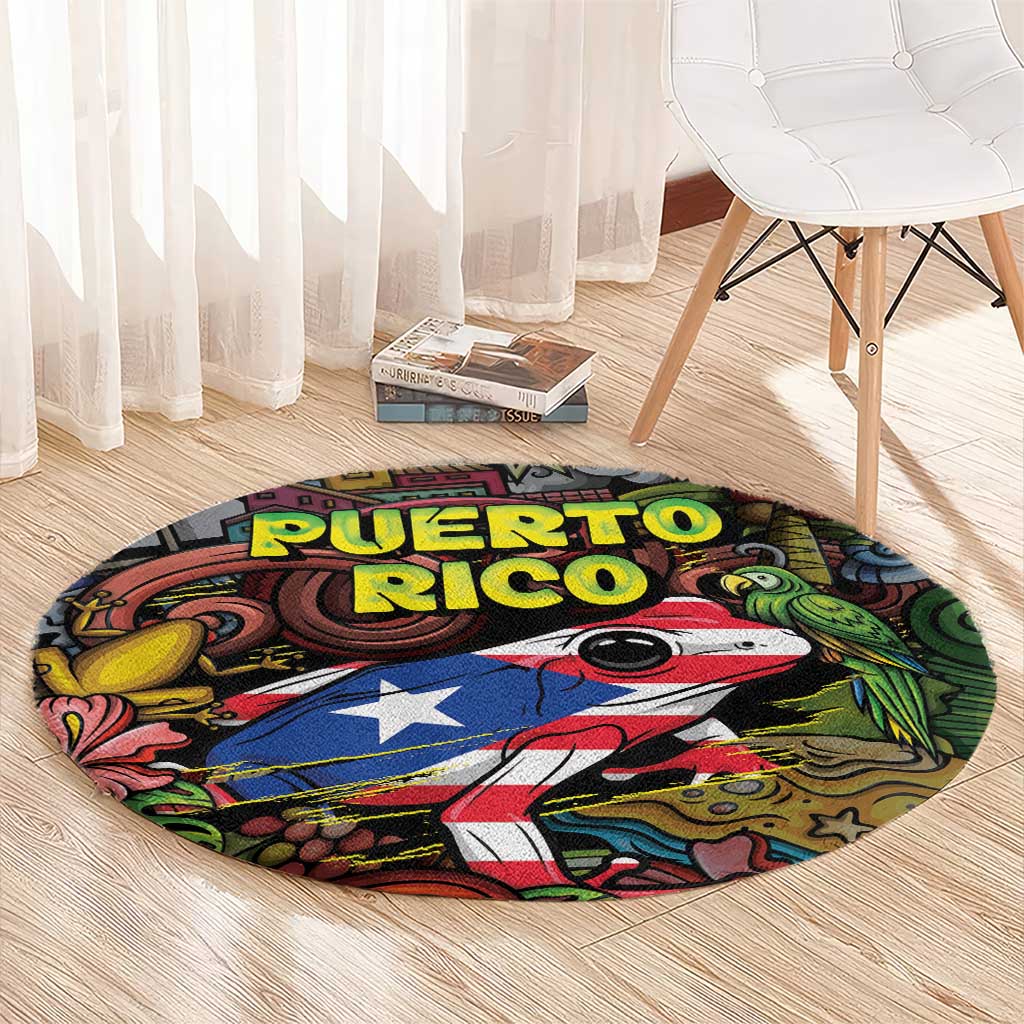Puerto Rico Round Carpet The Coqui Frog Tropical Doodle Style - Wonder Print Shop