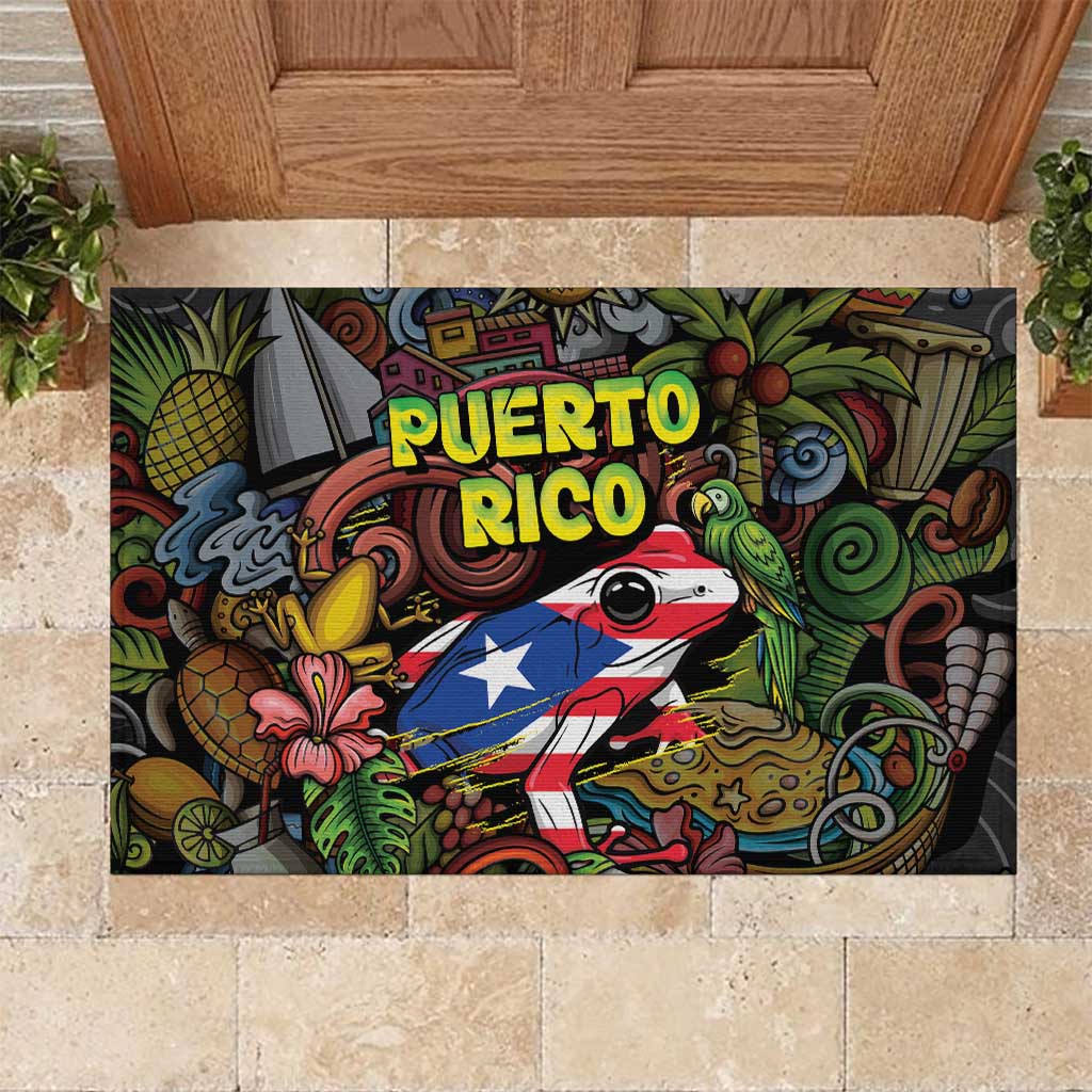 Puerto Rico Rubber Doormat The Coqui Frog Tropical Doodle Style - Wonder Print Shop