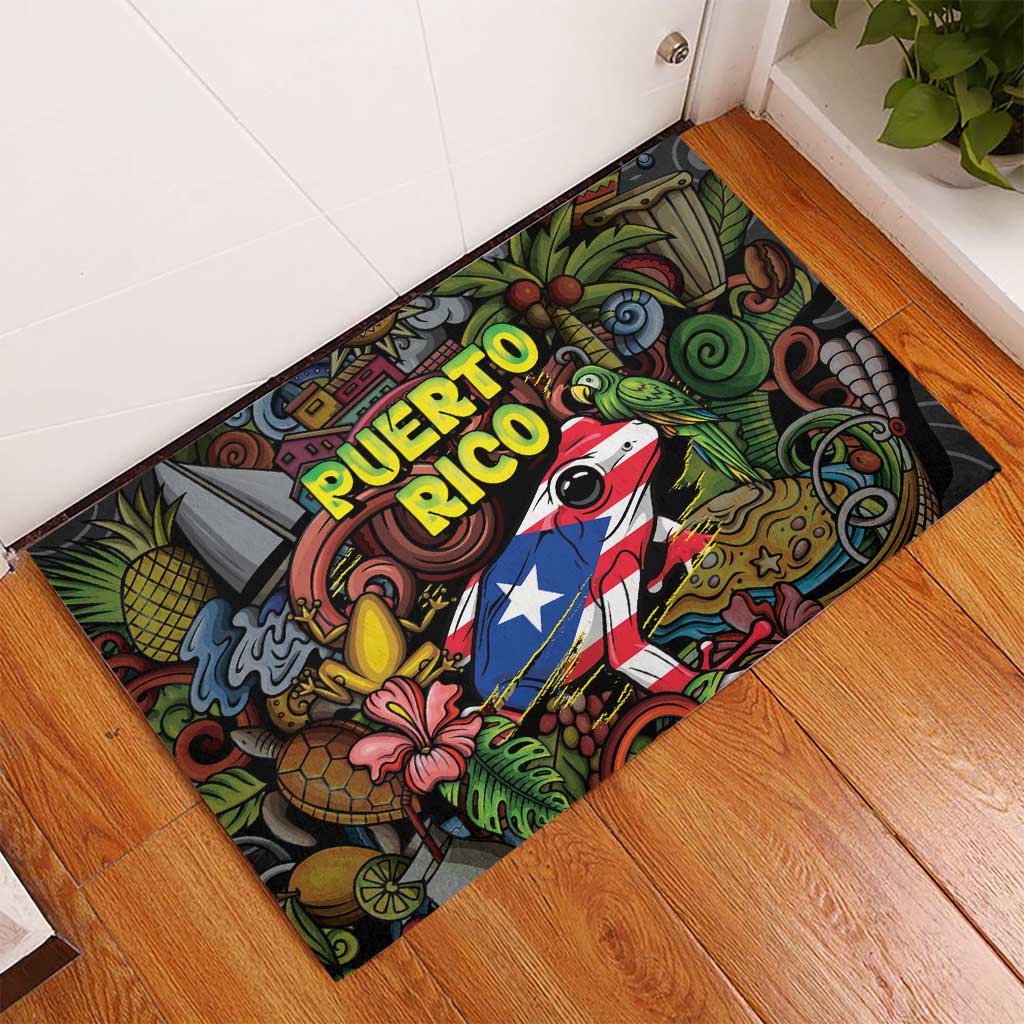 Puerto Rico Rubber Doormat The Coqui Frog Tropical Doodle Style - Wonder Print Shop