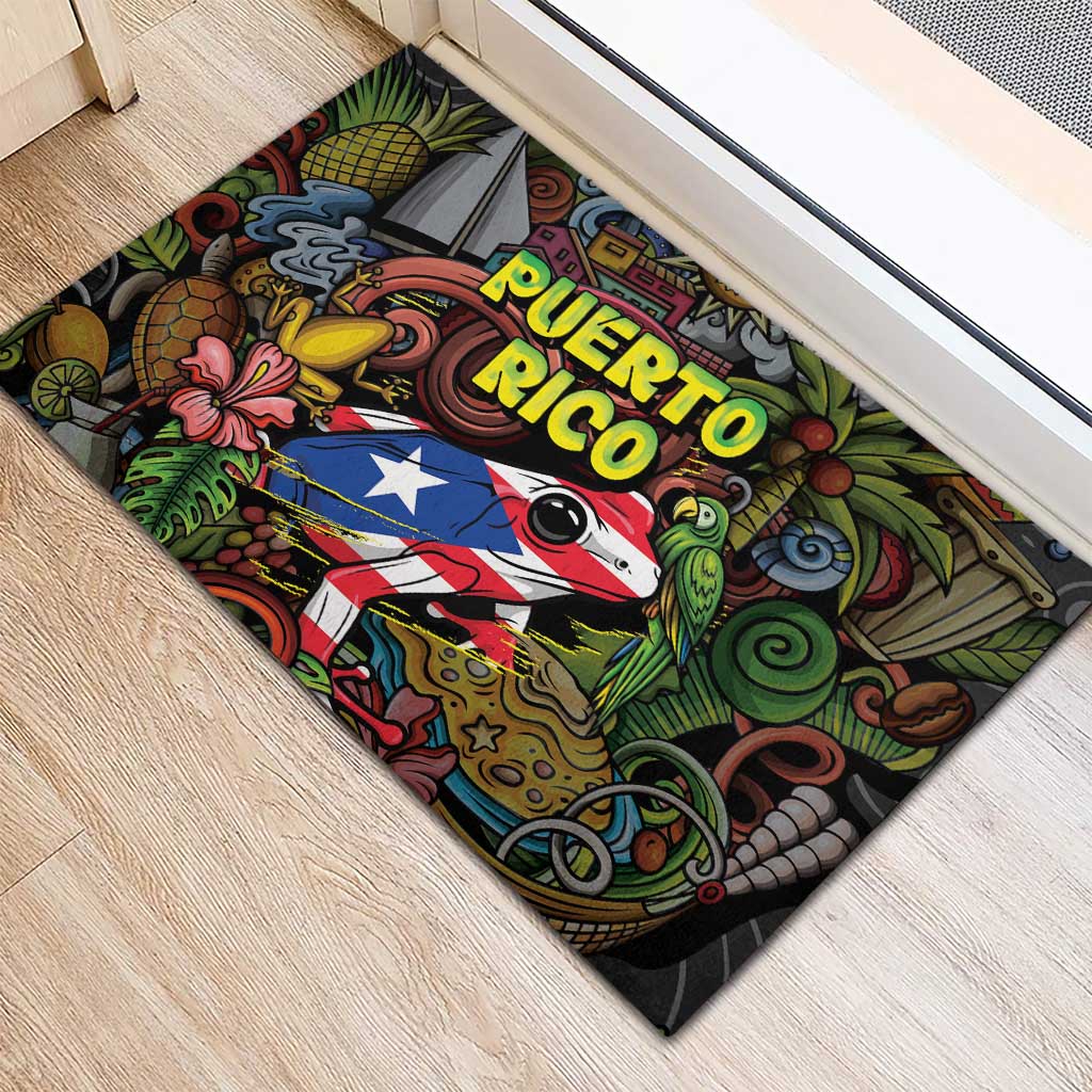 Puerto Rico Rubber Doormat The Coqui Frog Tropical Doodle Style - Wonder Print Shop