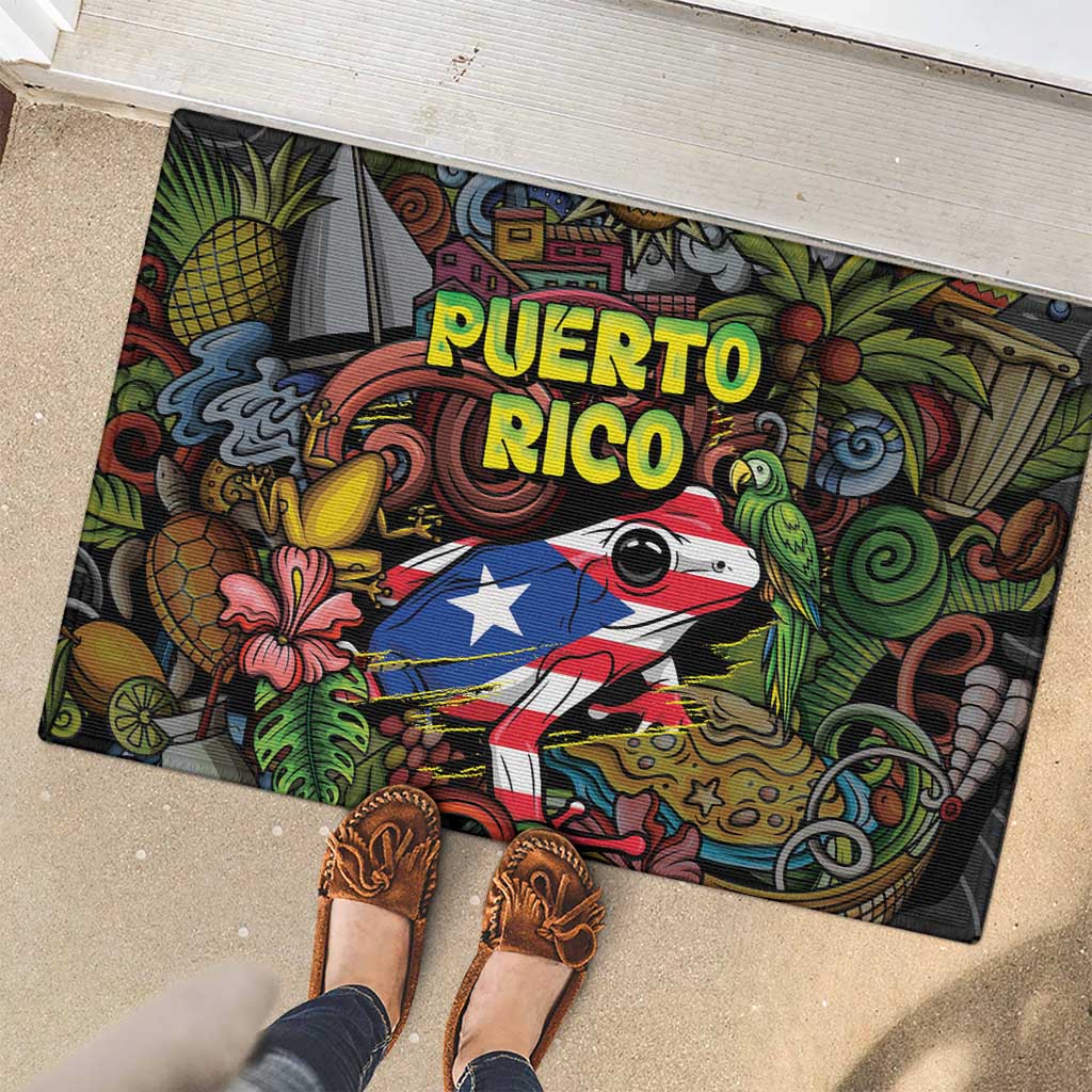 Puerto Rico Rubber Doormat The Coqui Frog Tropical Doodle Style - Wonder Print Shop