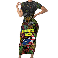 Personalized Puerto Rico Short Sleeve Bodycon Dress The Coqui Frog Tropical Doodle Style - Wonder Print Shop