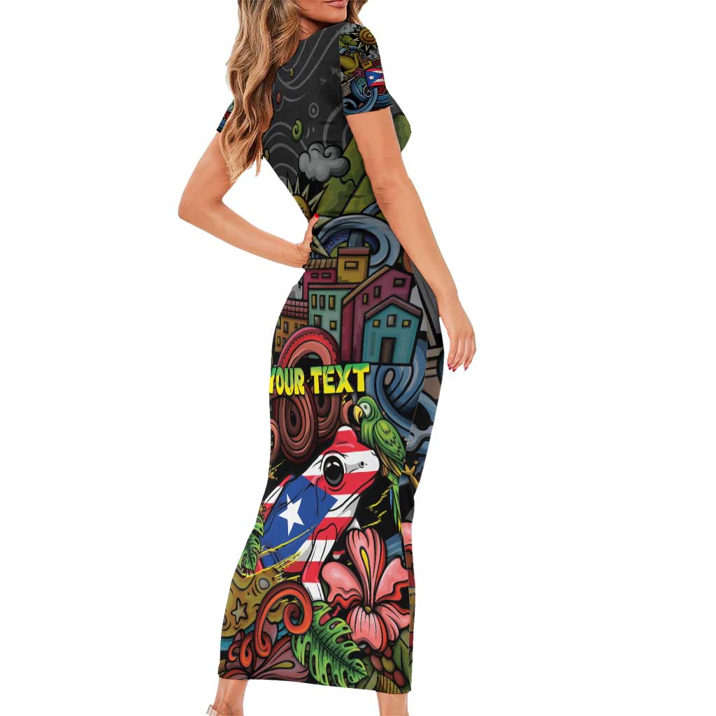 Personalized Puerto Rico Short Sleeve Bodycon Dress The Coqui Frog Tropical Doodle Style - Wonder Print Shop
