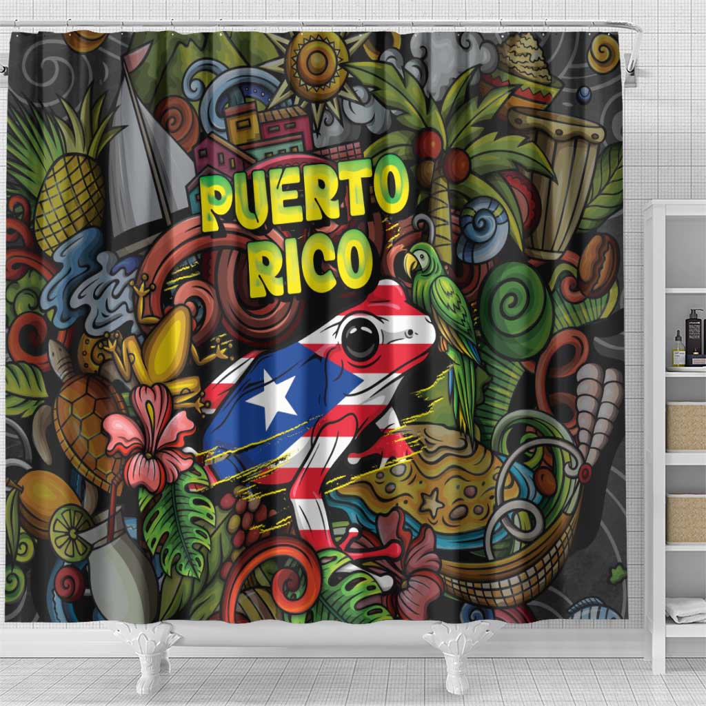 Puerto Rico Shower Curtain The Coqui Frog Tropical Doodle Style - Wonder Print Shop