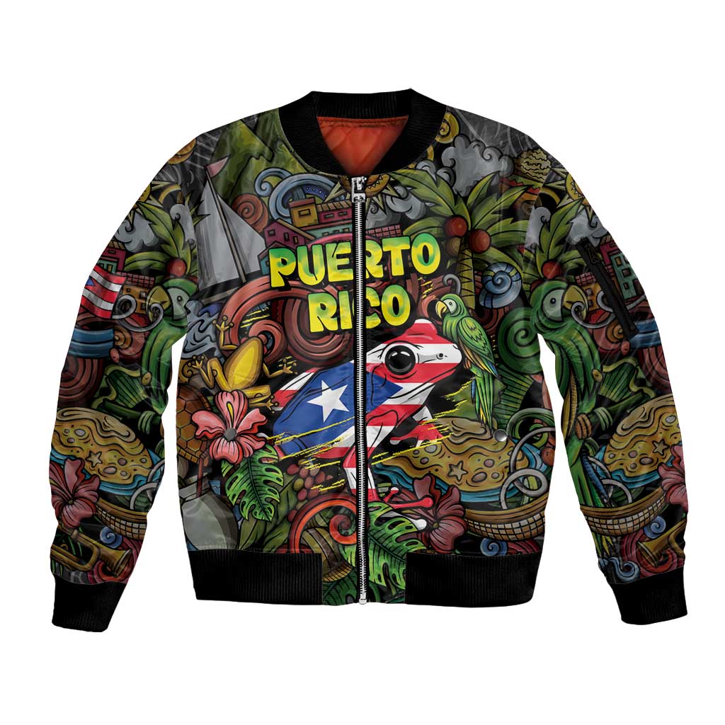 Personalized Puerto Rico Sleeve Zip Bomber Jacket The Coqui Frog Tropical Doodle Style - Wonder Print Shop