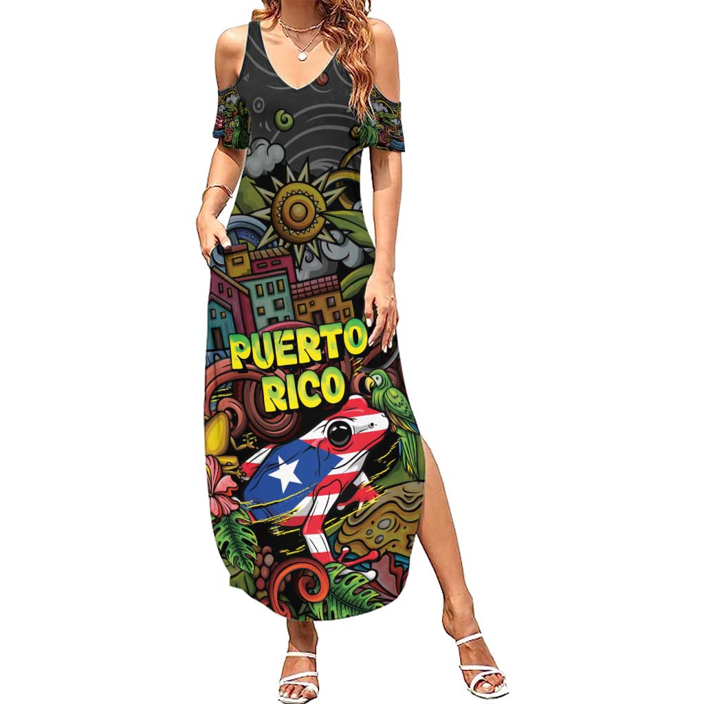 Personalized Puerto Rico Summer Maxi Dress The Coqui Frog Tropical Doodle Style - Wonder Print Shop