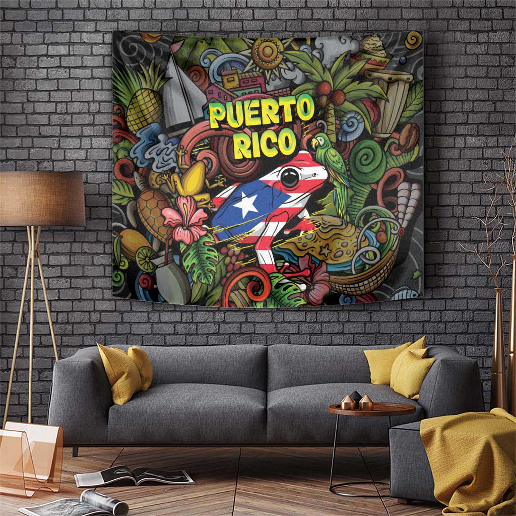 Puerto Rico Tapestry The Coqui Frog Tropical Doodle Style - Wonder Print Shop