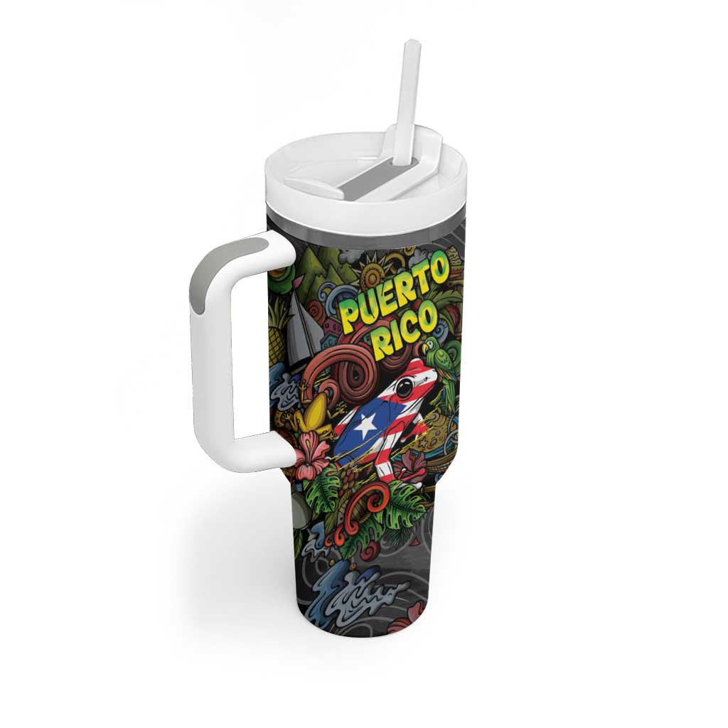 Personalized Puerto Rico Tumbler With Handle The Coqui Frog Tropical Doodle Style - Wonder Print Shop