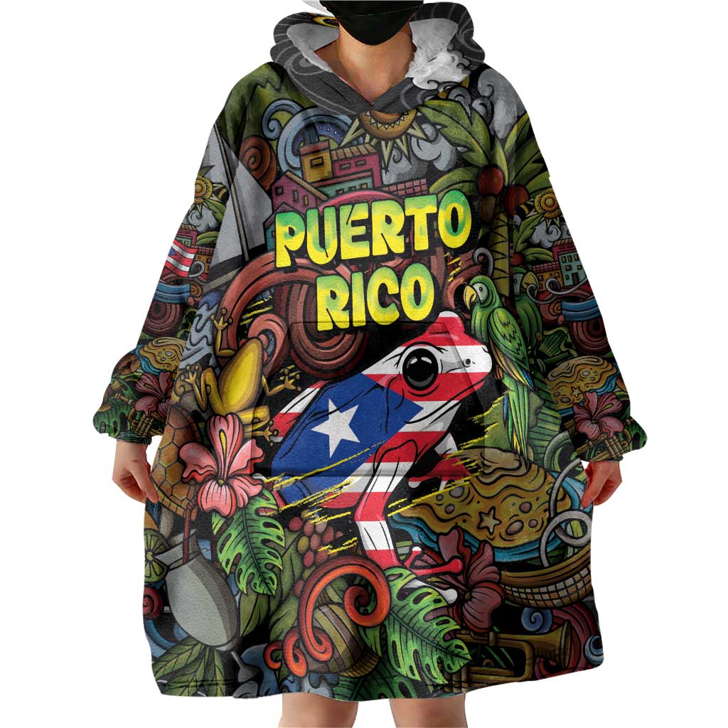 Personalized Puerto Rico Wearable Blanket Hoodie The Coqui Frog Tropical Doodle Style - Wonder Print Shop