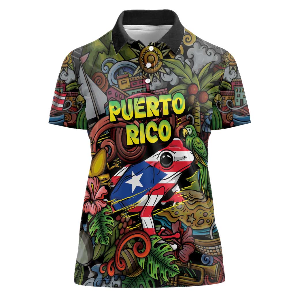 Personalized Puerto Rico Women Polo Shirt The Coqui Frog Tropical Doodle Style - Wonder Print Shop