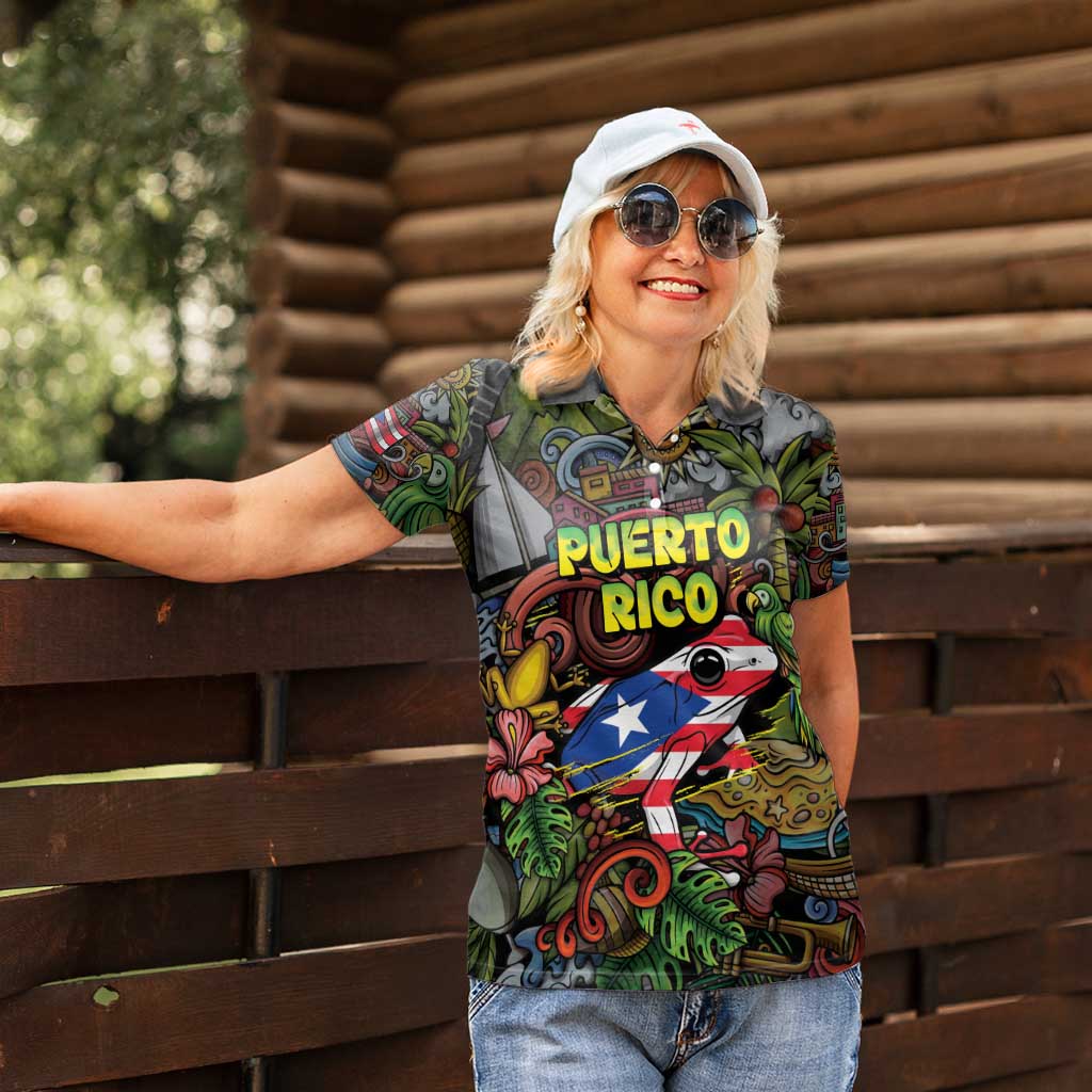 Personalized Puerto Rico Women Polo Shirt The Coqui Frog Tropical Doodle Style - Wonder Print Shop