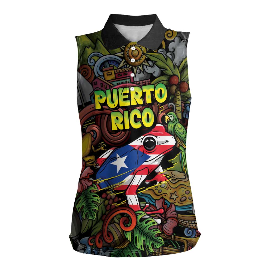 Personalized Puerto Rico Women Sleeveless Polo Shirt The Coqui Frog Tropical Doodle Style - Wonder Print Shop