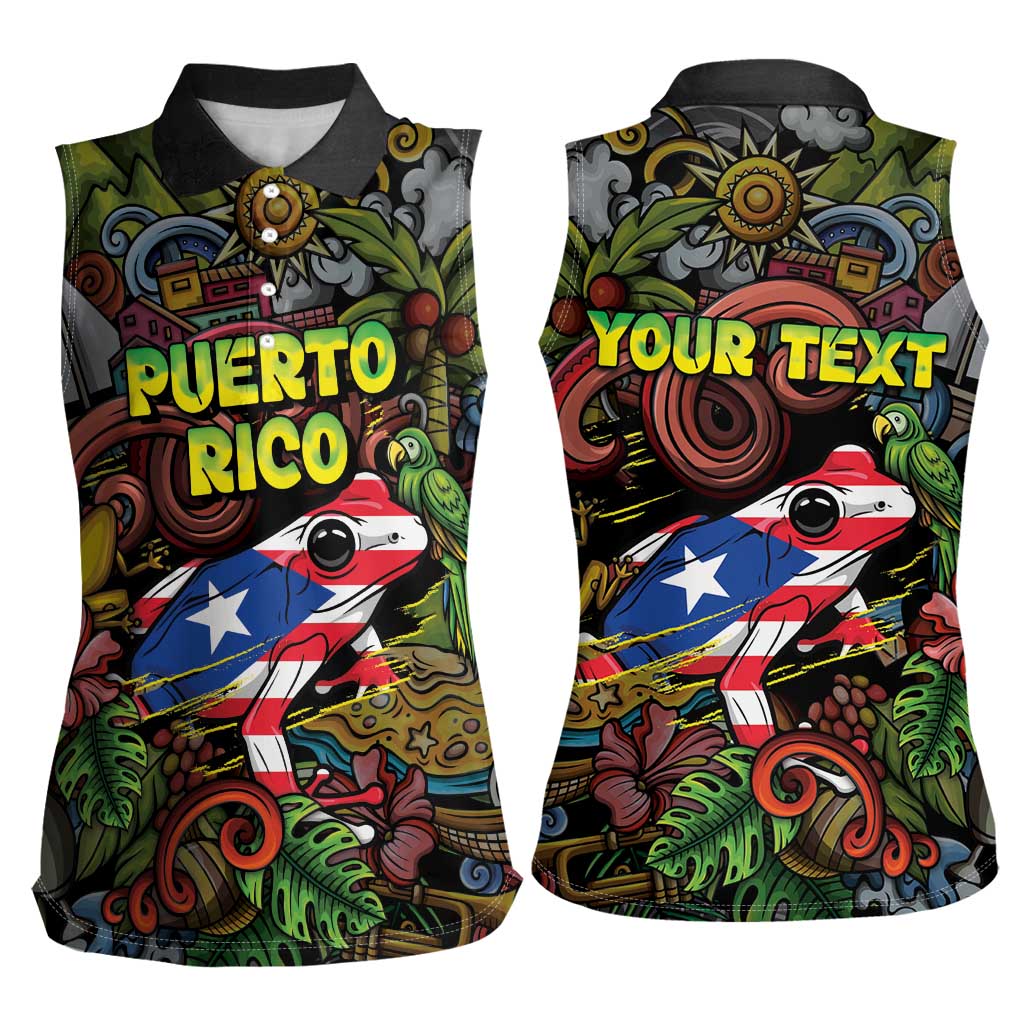 Personalized Puerto Rico Women Sleeveless Polo Shirt The Coqui Frog Tropical Doodle Style - Wonder Print Shop