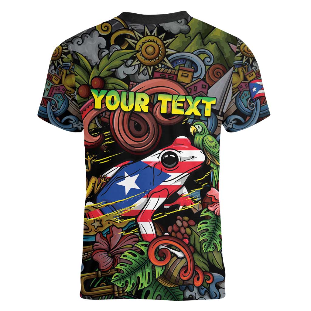 Personalized Puerto Rico Women V-Neck T-Shirt The Coqui Frog Tropical Doodle Style - Wonder Print Shop