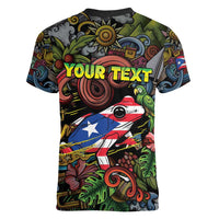 Personalized Puerto Rico Women V-Neck T-Shirt The Coqui Frog Tropical Doodle Style - Wonder Print Shop