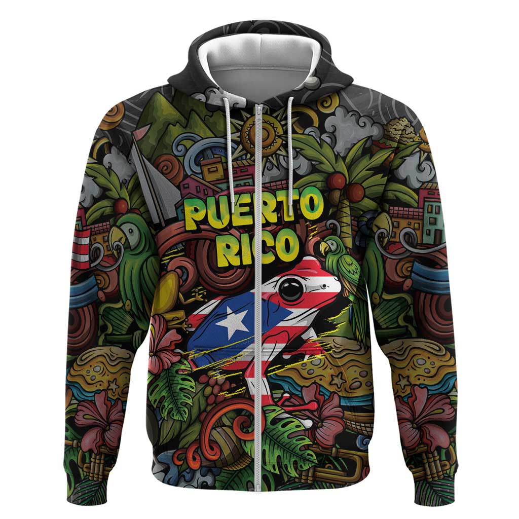 Personalized Puerto Rico Zip Hoodie The Coqui Frog Tropical Doodle Style - Wonder Print Shop