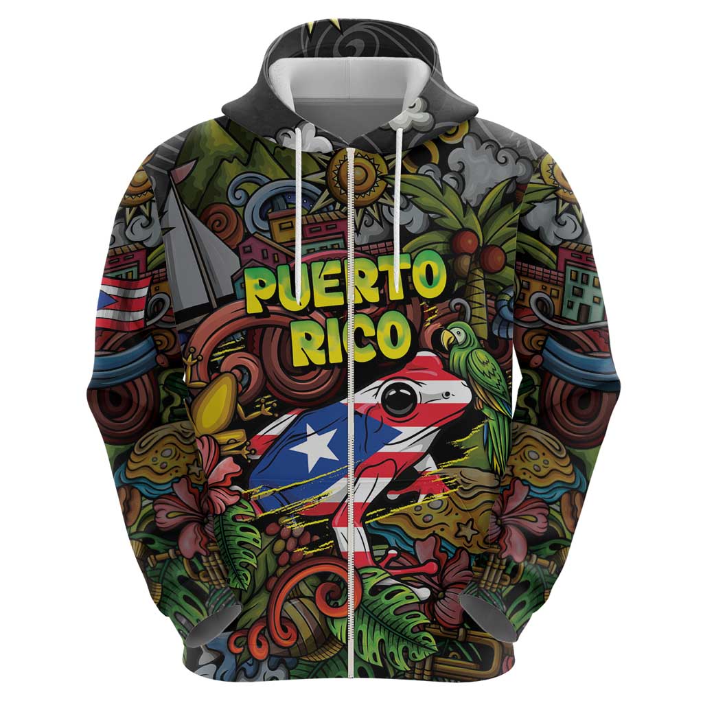 Personalized Puerto Rico Zip Hoodie The Coqui Frog Tropical Doodle Style - Wonder Print Shop