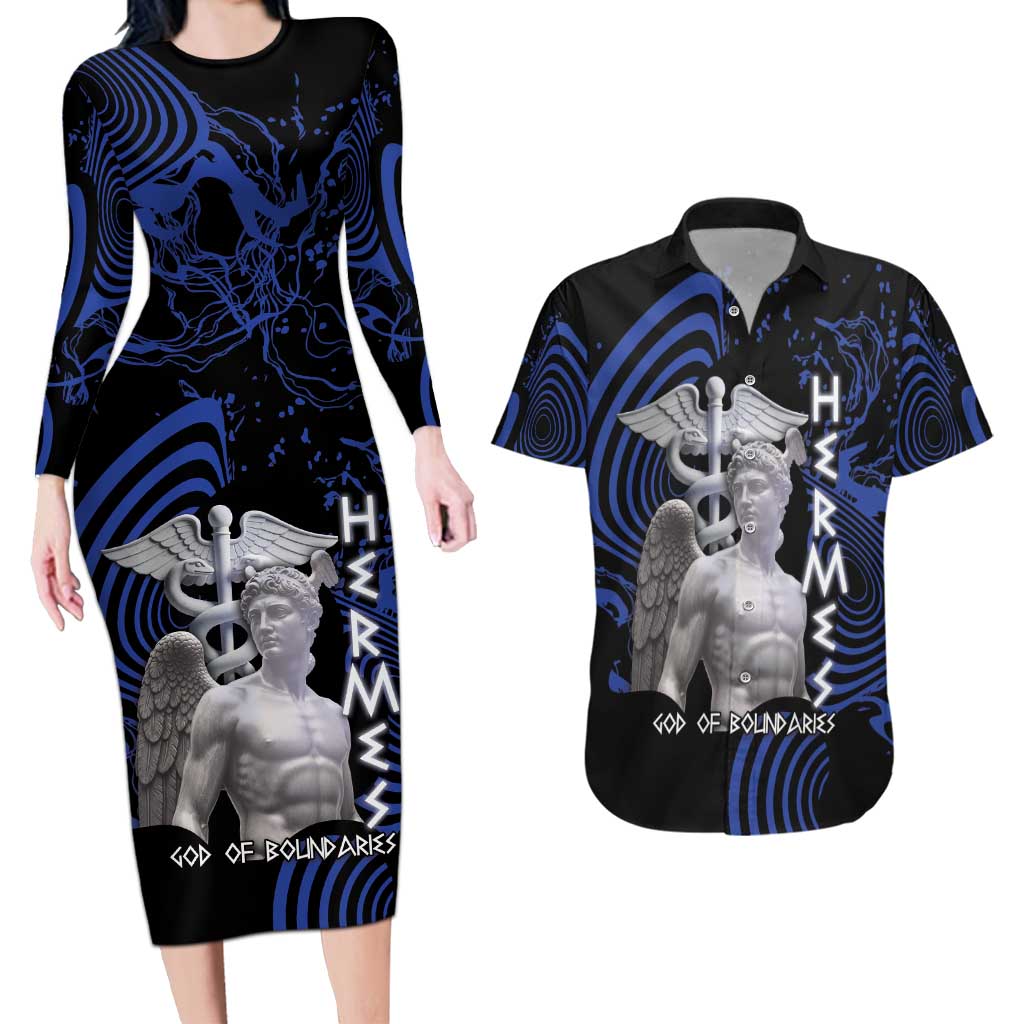 Ancient Greek Hermes Couples Matching Long Sleeve Bodycon Dress and Hawaiian Shirt God Of Boundaries - Wonder Print Shop
