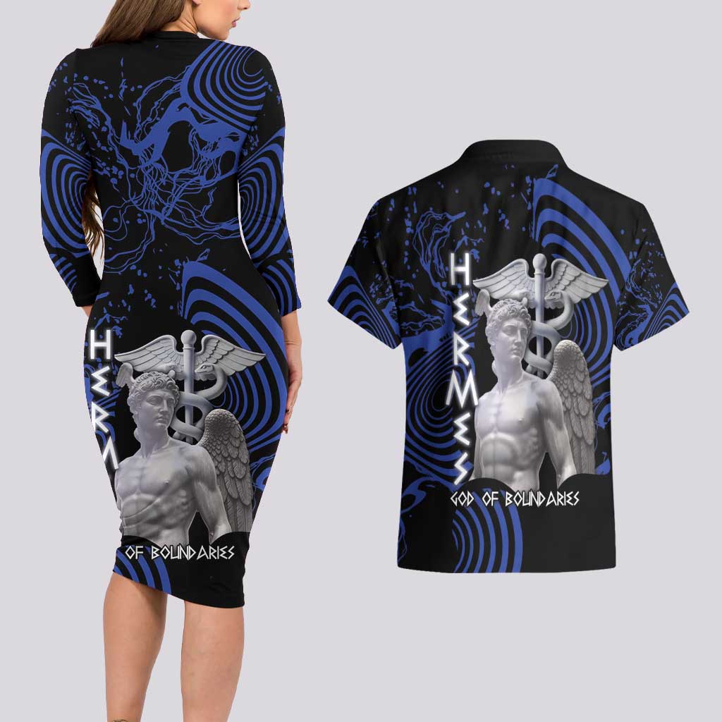 Ancient Greek Hermes Couples Matching Long Sleeve Bodycon Dress and Hawaiian Shirt God Of Boundaries - Wonder Print Shop