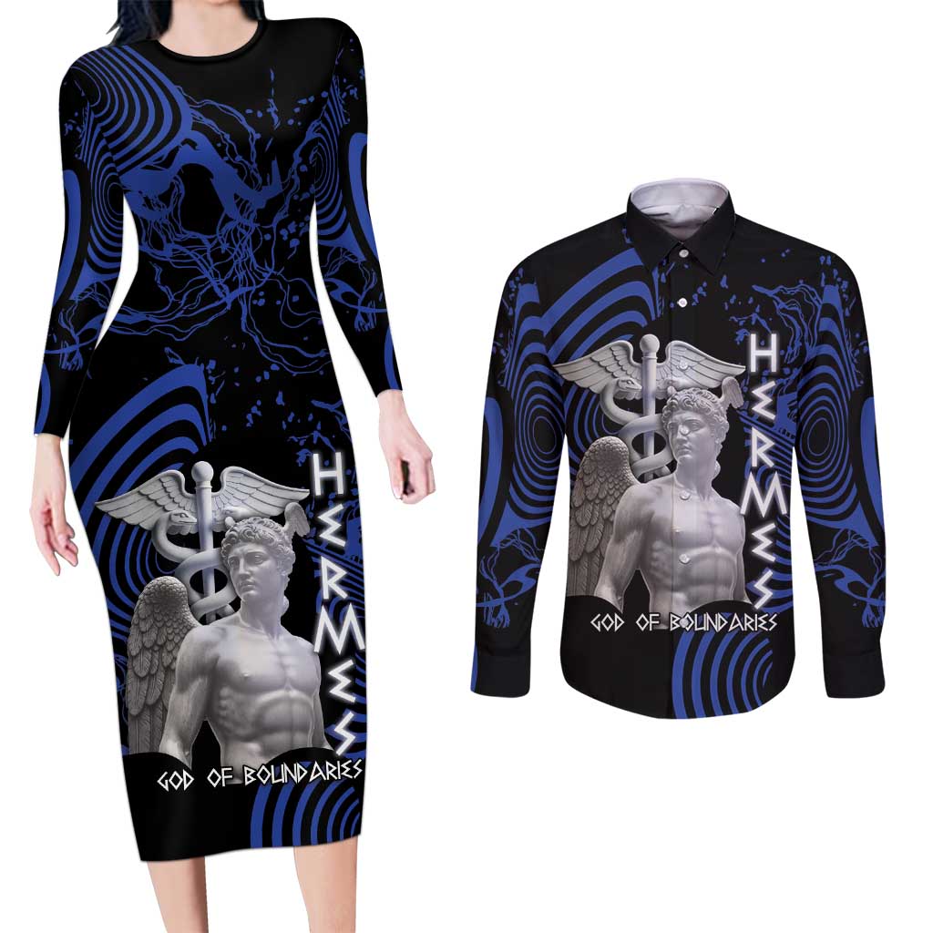 Ancient Greek Hermes Couples Matching Long Sleeve Bodycon Dress and Long Sleeve Button Shirt God Of Boundaries - Wonder Print Shop