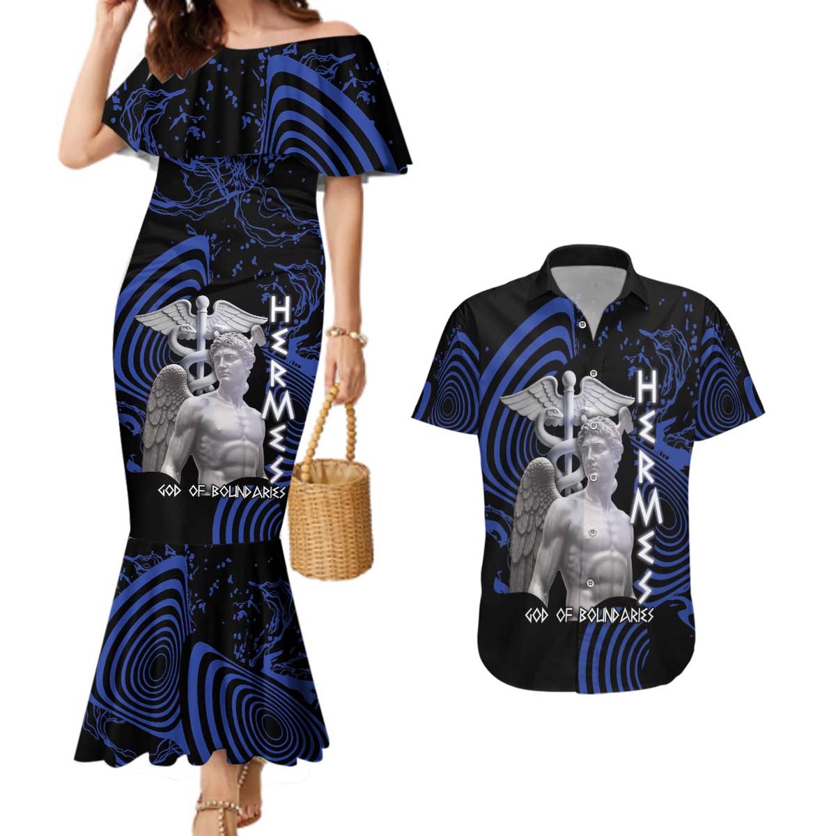 Ancient Greek Hermes Couples Matching Mermaid Dress and Hawaiian Shirt God Of Boundaries - Wonder Print Shop