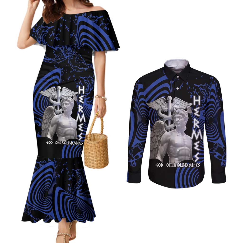Ancient Greek Hermes Couples Matching Mermaid Dress and Long Sleeve Button Shirt God Of Boundaries - Wonder Print Shop