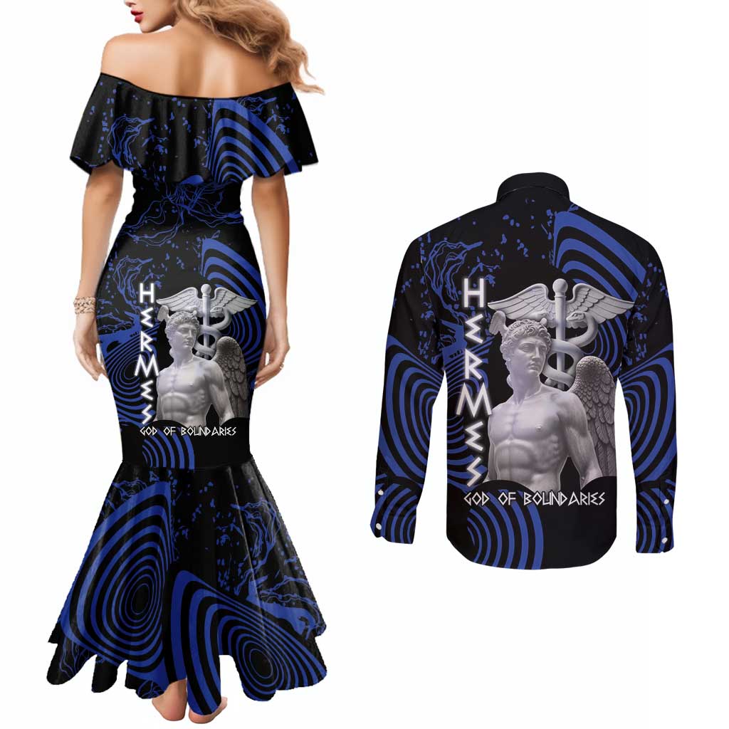 Ancient Greek Hermes Couples Matching Mermaid Dress and Long Sleeve Button Shirt God Of Boundaries - Wonder Print Shop