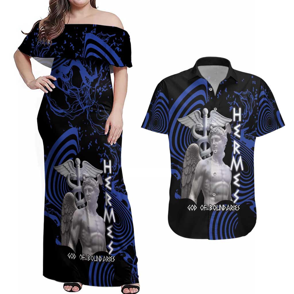 Ancient Greek Hermes Couples Matching Off Shoulder Maxi Dress and Hawaiian Shirt God Of Boundaries - Wonder Print Shop