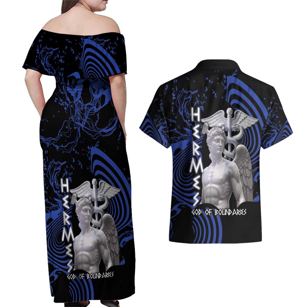Ancient Greek Hermes Couples Matching Off Shoulder Maxi Dress and Hawaiian Shirt God Of Boundaries - Wonder Print Shop