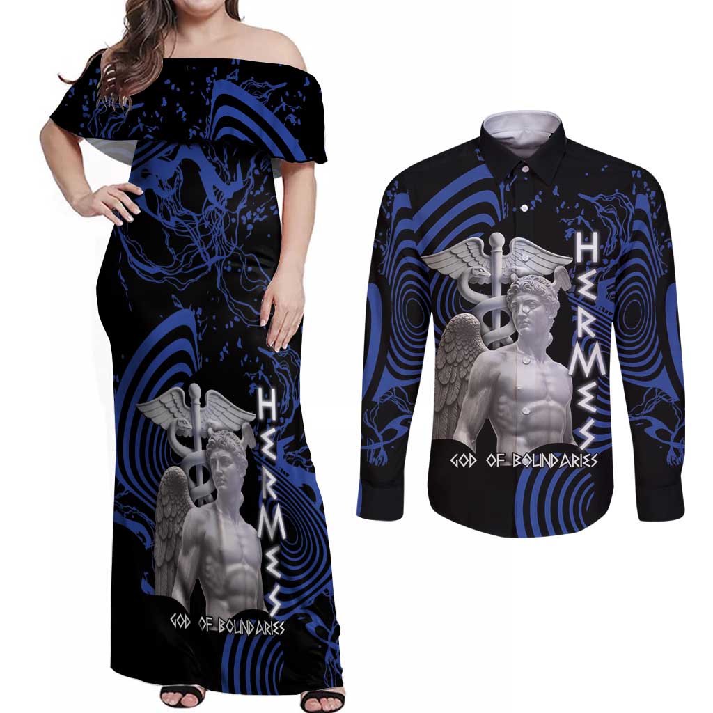 Ancient Greek Hermes Couples Matching Off Shoulder Maxi Dress and Long Sleeve Button Shirt God Of Boundaries - Wonder Print Shop