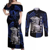 Ancient Greek Hermes Couples Matching Off Shoulder Maxi Dress and Long Sleeve Button Shirt God Of Boundaries - Wonder Print Shop
