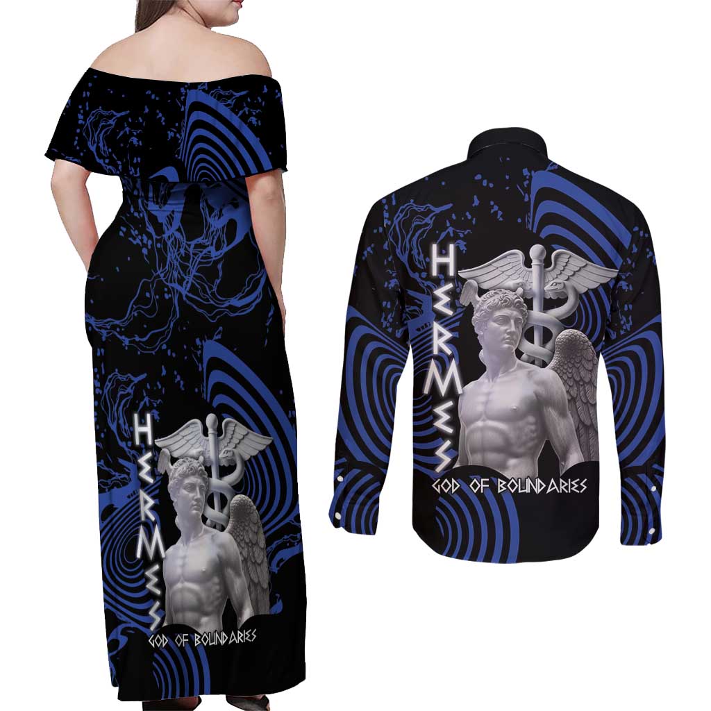 Ancient Greek Hermes Couples Matching Off Shoulder Maxi Dress and Long Sleeve Button Shirt God Of Boundaries - Wonder Print Shop