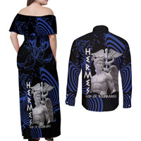 Ancient Greek Hermes Couples Matching Off Shoulder Maxi Dress and Long Sleeve Button Shirt God Of Boundaries - Wonder Print Shop
