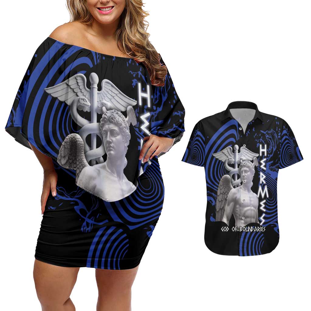 Ancient Greek Hermes Couples Matching Off Shoulder Short Dress and Hawaiian Shirt God Of Boundaries - Wonder Print Shop