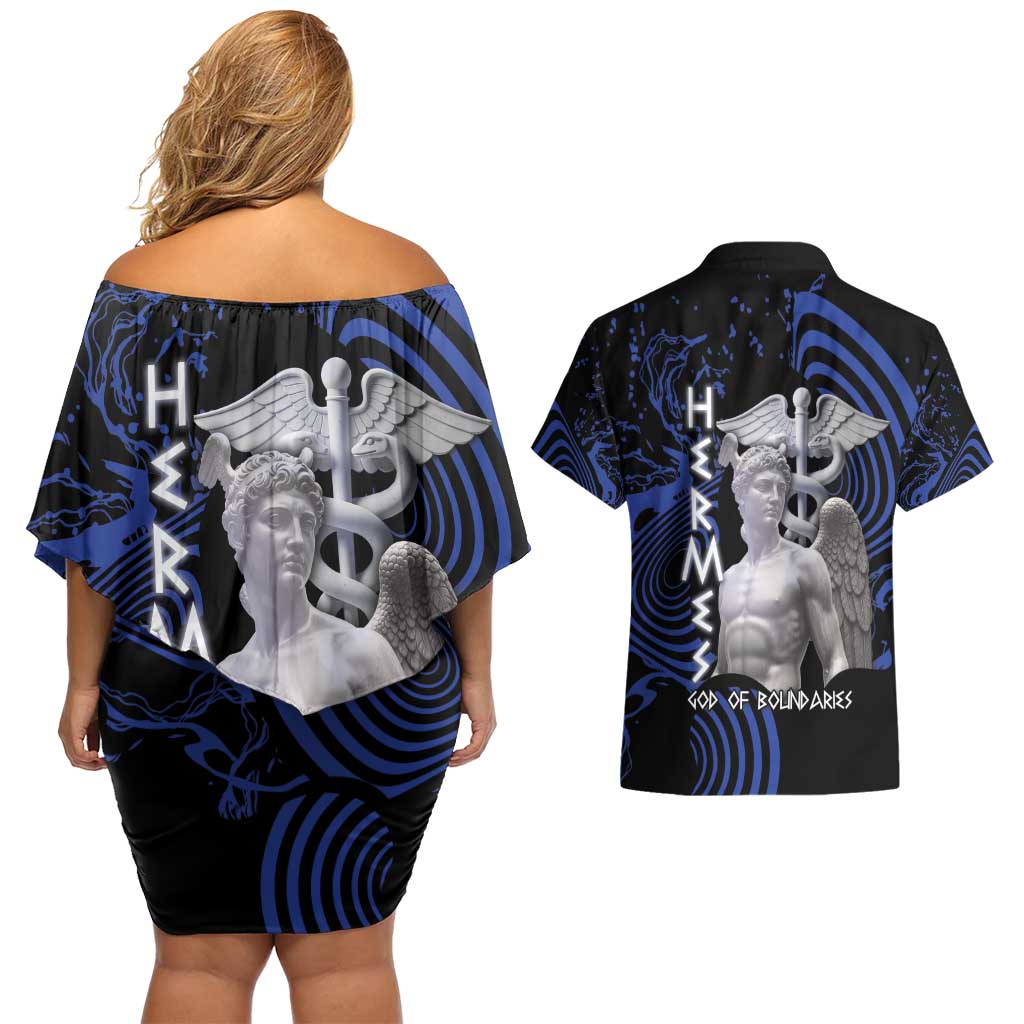 Ancient Greek Hermes Couples Matching Off Shoulder Short Dress and Hawaiian Shirt God Of Boundaries - Wonder Print Shop
