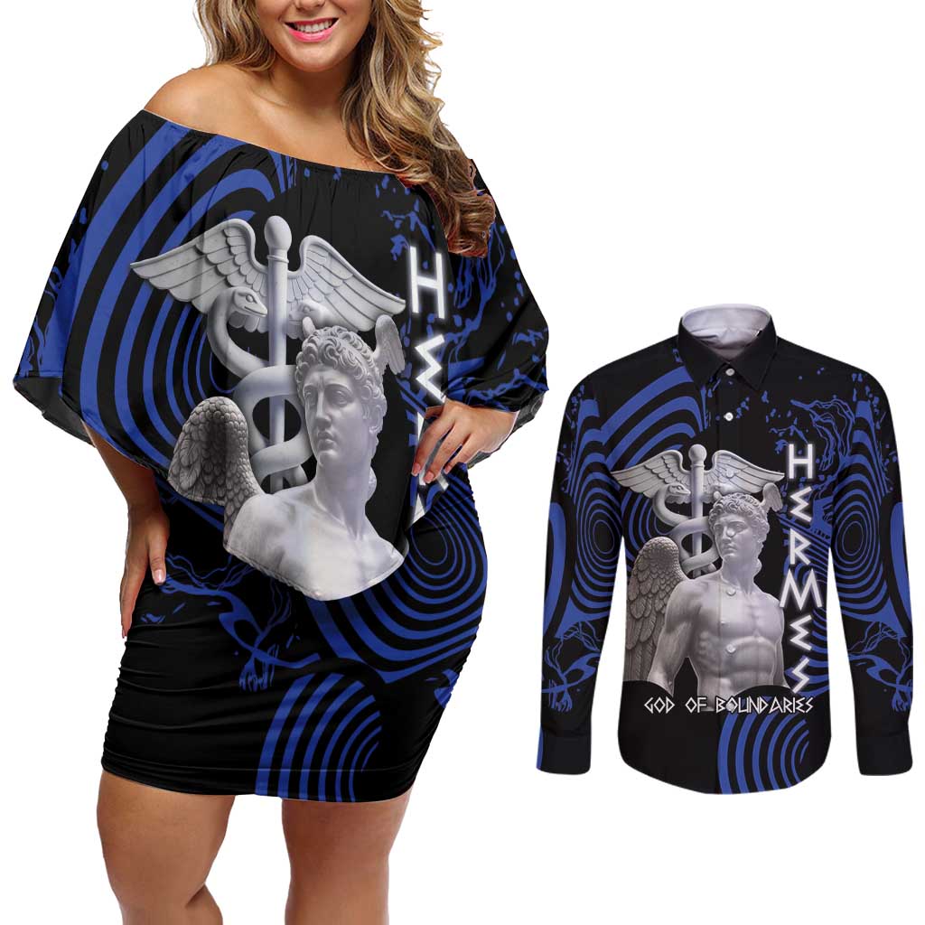 Ancient Greek Hermes Couples Matching Off Shoulder Short Dress and Long Sleeve Button Shirt God Of Boundaries - Wonder Print Shop