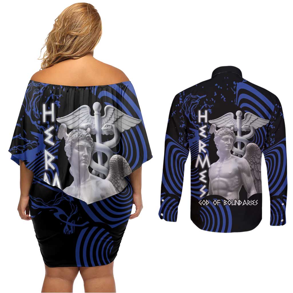 Ancient Greek Hermes Couples Matching Off Shoulder Short Dress and Long Sleeve Button Shirt God Of Boundaries - Wonder Print Shop