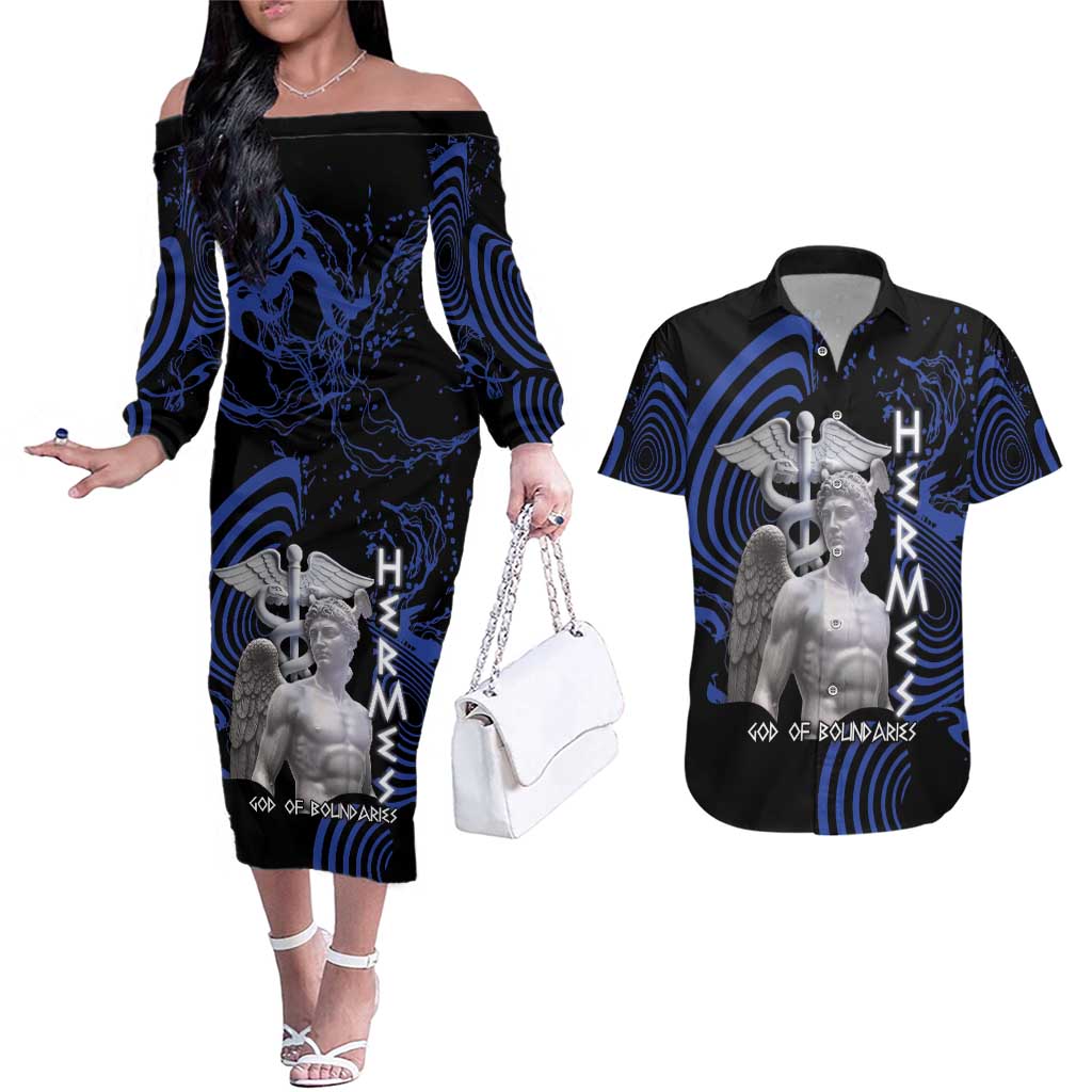 Ancient Greek Hermes Couples Matching Off The Shoulder Long Sleeve Dress and Hawaiian Shirt God Of Boundaries - Wonder Print Shop