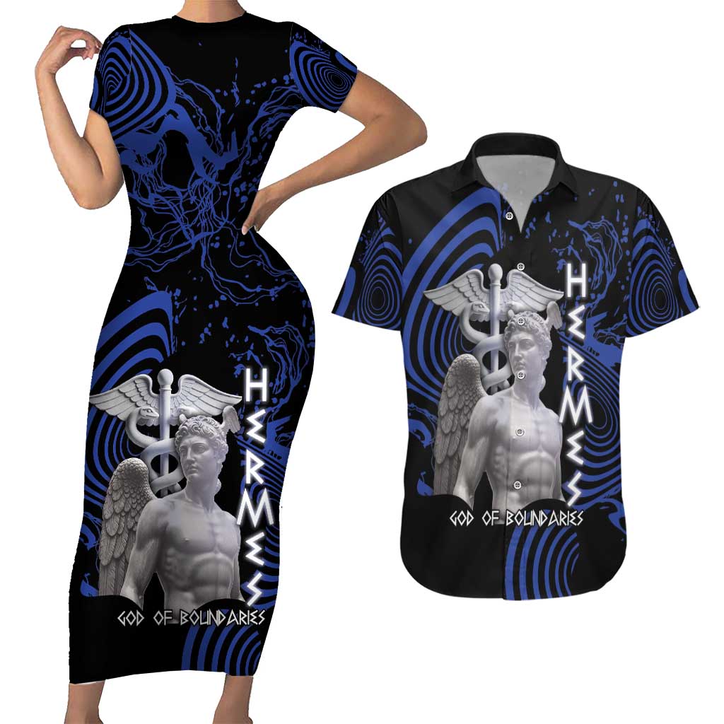 Ancient Greek Hermes Couples Matching Short Sleeve Bodycon Dress and Hawaiian Shirt God Of Boundaries - Wonder Print Shop