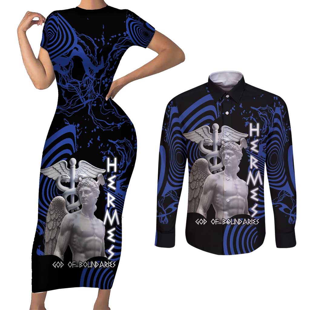 Ancient Greek Hermes Couples Matching Short Sleeve Bodycon Dress and Long Sleeve Button Shirt God Of Boundaries - Wonder Print Shop