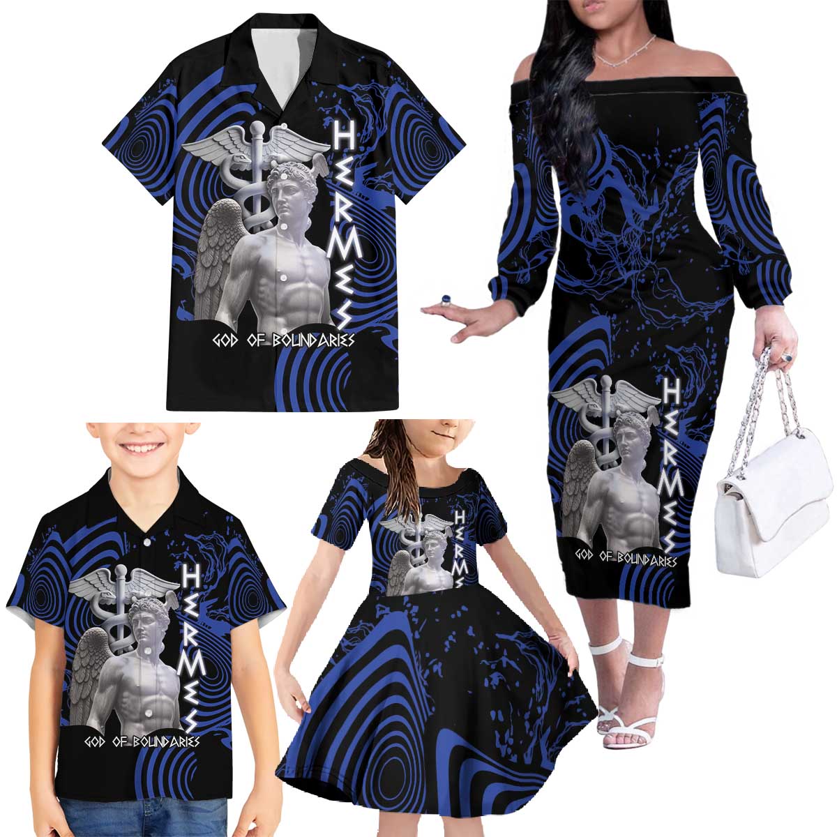 Ancient Greek Hermes Family Matching Off The Shoulder Long Sleeve Dress and Hawaiian Shirt God Of Boundaries - Wonder Print Shop