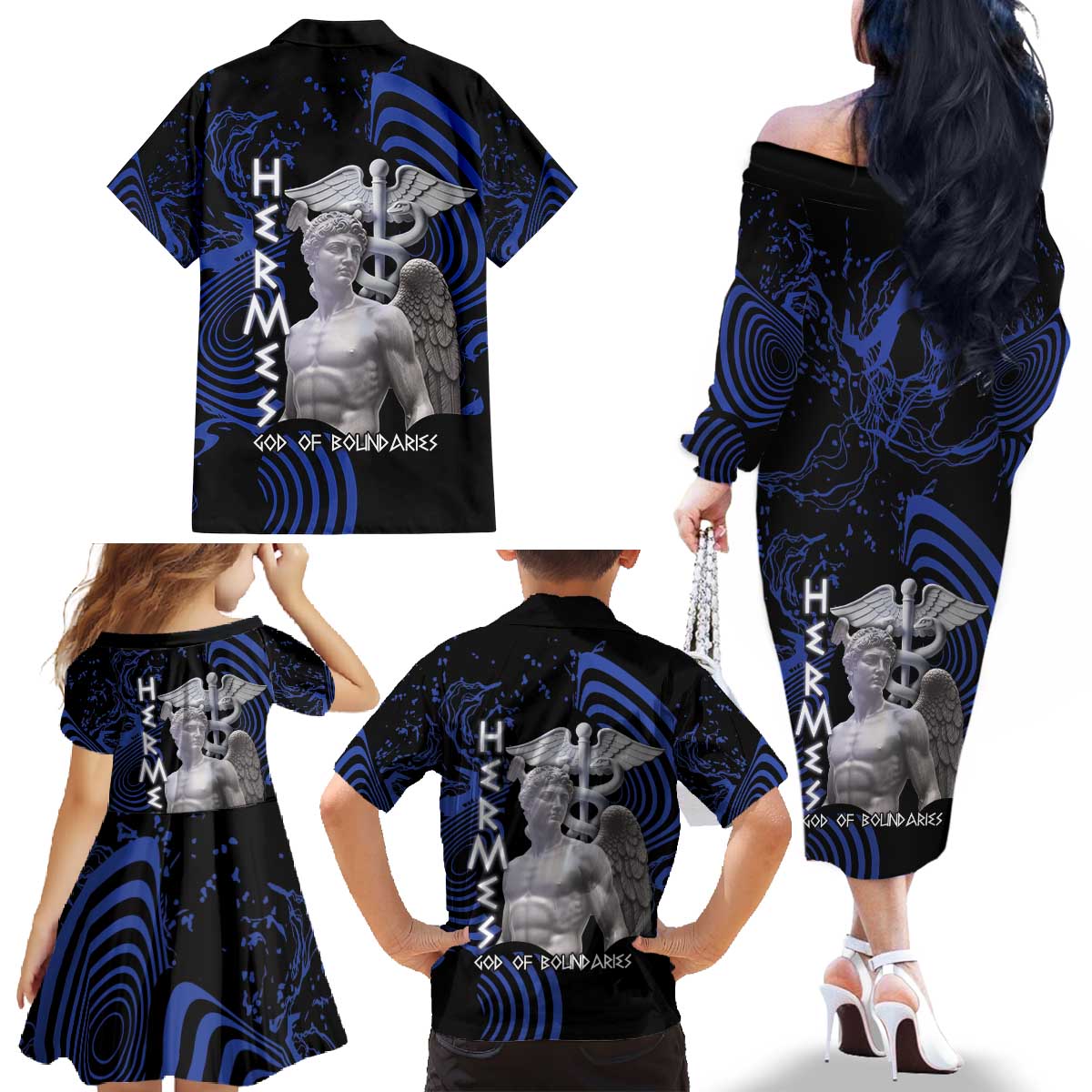 Ancient Greek Hermes Family Matching Off The Shoulder Long Sleeve Dress and Hawaiian Shirt God Of Boundaries - Wonder Print Shop