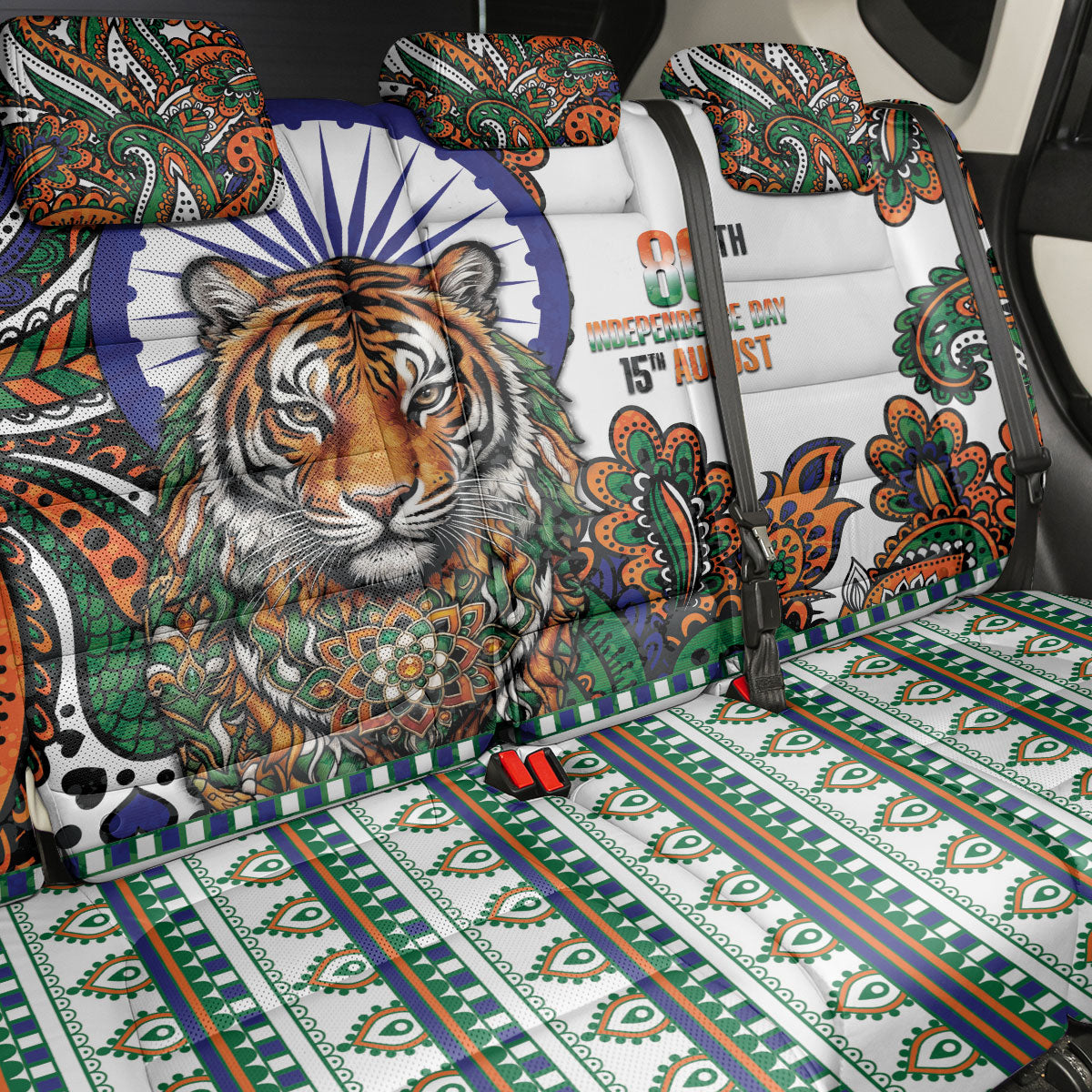 India Independence Day Back Car Seat Cover Royal Tiger Ashoka Chakra Paisley Pattern