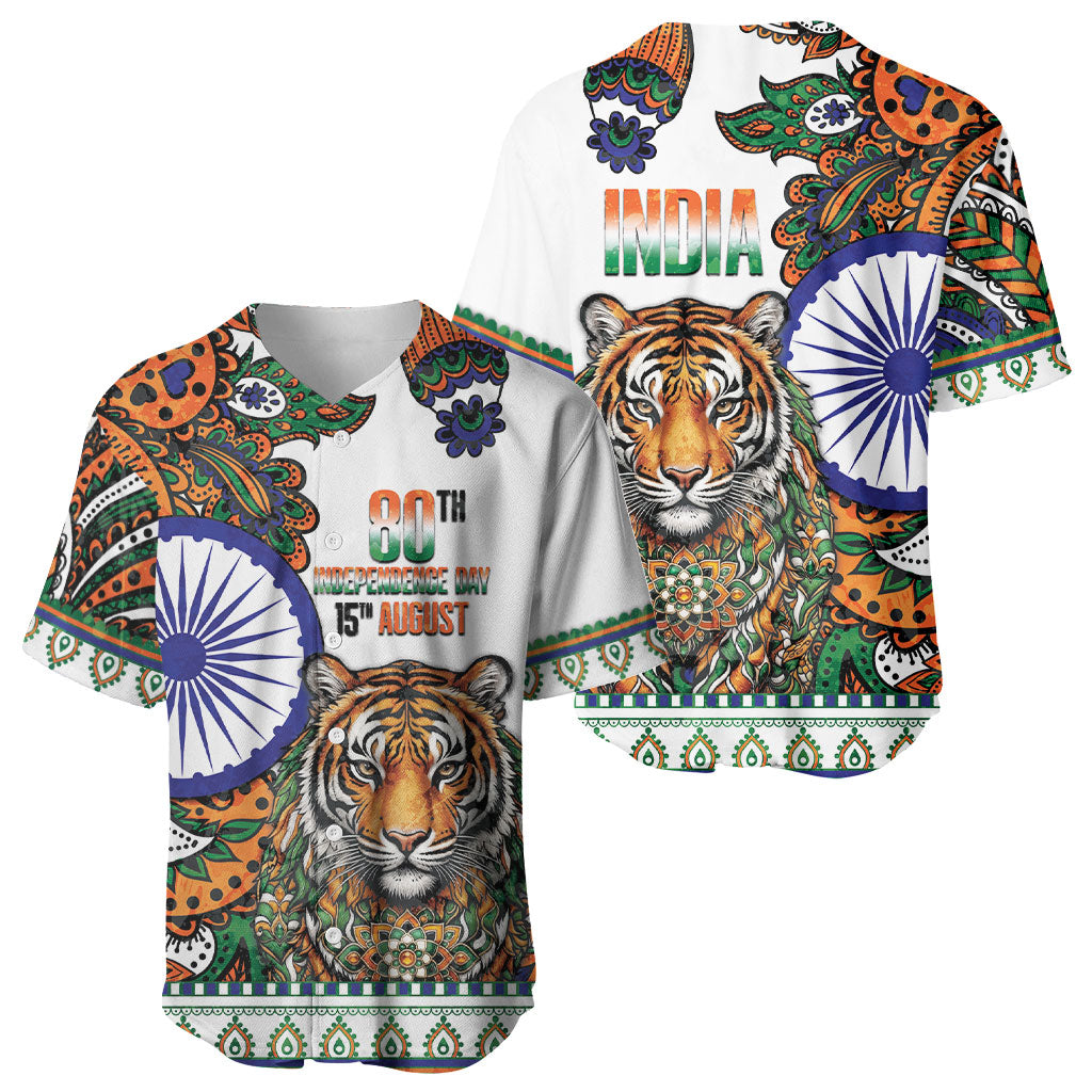 India Independence Day Baseball Jersey Royal Tiger Ashoka Chakra Paisley Pattern