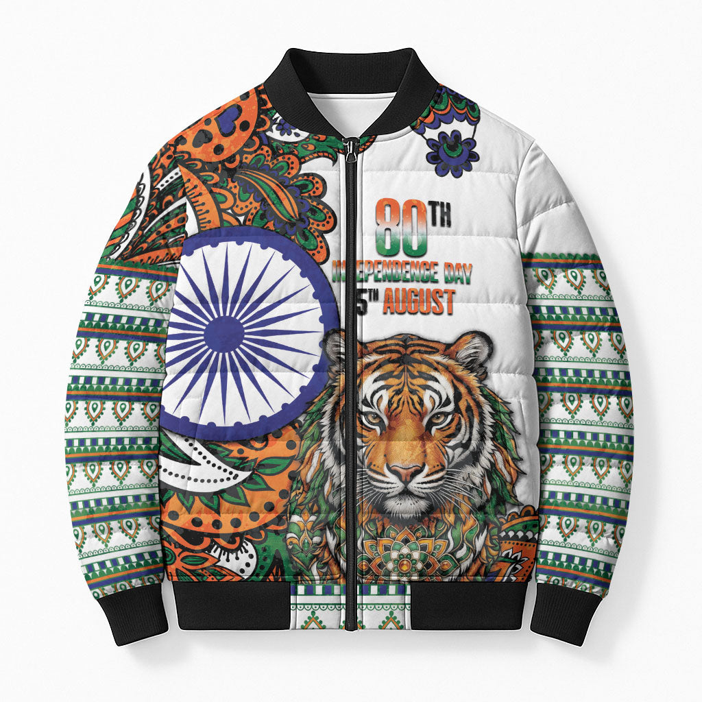 India Independence Day Bomber Puffer Jacket Royal Tiger Ashoka Chakra Paisley Pattern
