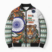 India Independence Day Bomber Puffer Jacket Royal Tiger Ashoka Chakra Paisley Pattern
