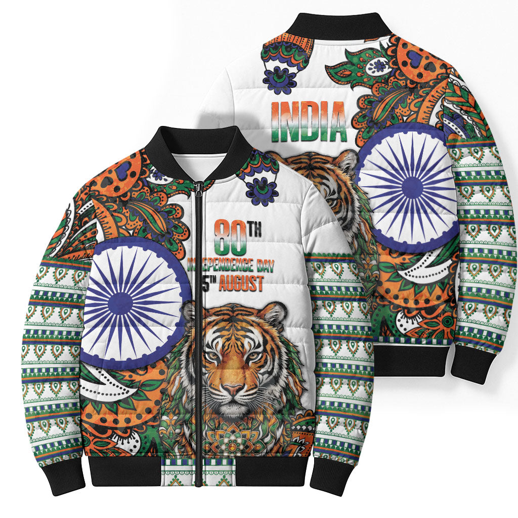 India Independence Day Bomber Puffer Jacket Royal Tiger Ashoka Chakra Paisley Pattern