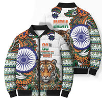 India Independence Day Bomber Puffer Jacket Royal Tiger Ashoka Chakra Paisley Pattern