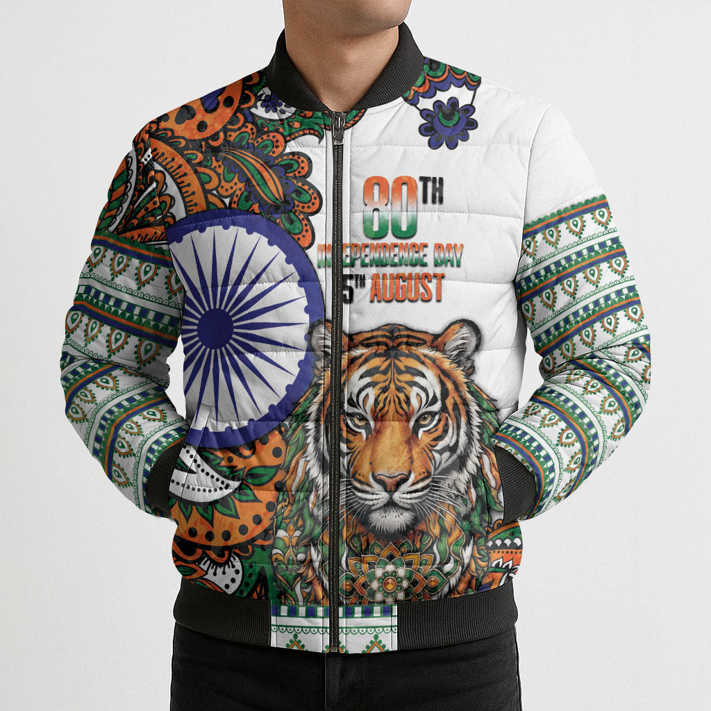 India Independence Day Bomber Puffer Jacket Royal Tiger Ashoka Chakra Paisley Pattern